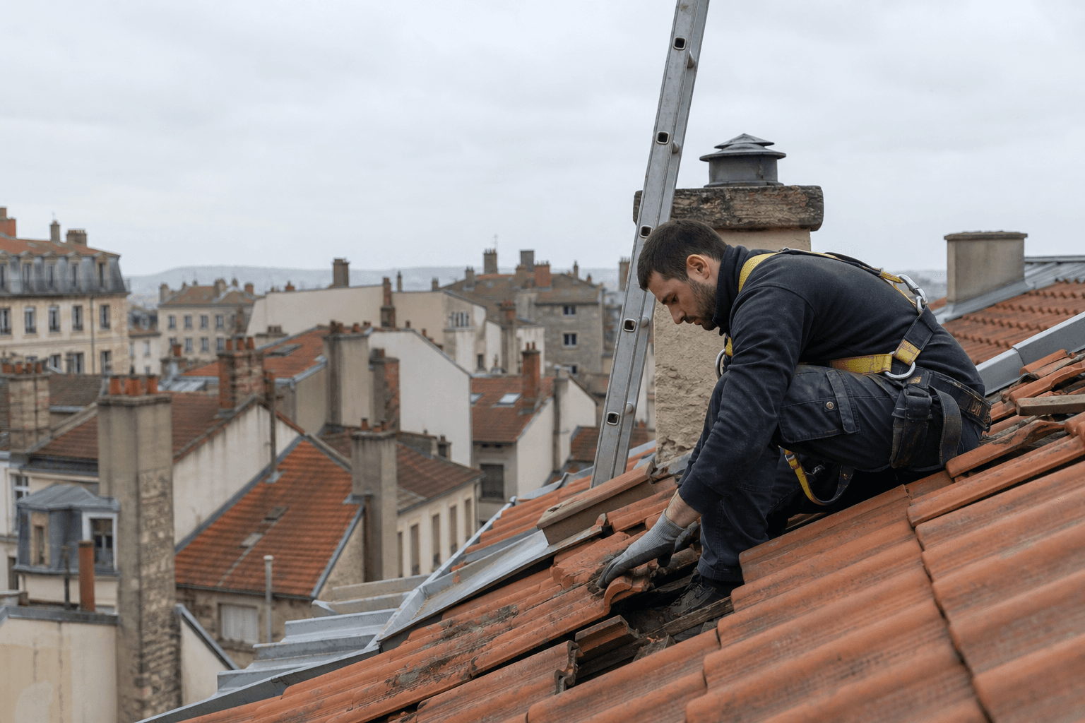 Couvreur reprenant des tuiles sur un toit lyonnais